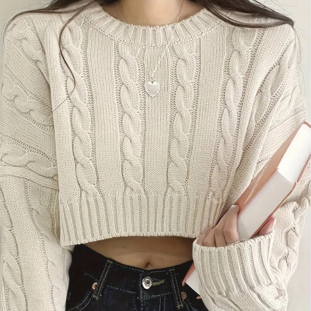 COMMENSE IVORY CABLE KNIT CROP SWEATER SIZE SMALL